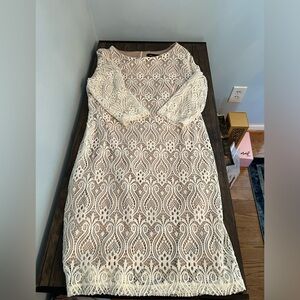 RN Studio by Ronni Nicole White Lace Sheath Dress with 3/4 lace sleeves